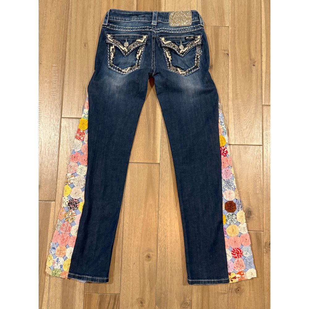 Miss Me Antique Quilt Patchwork Panel Customized Skinny Jeans 27 Bling